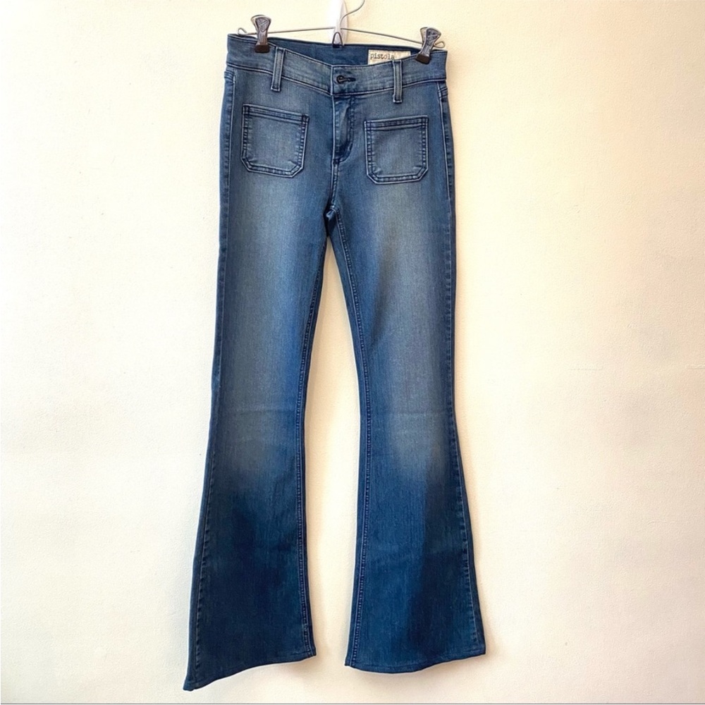 Pistola low rise flare leg medium wash stretchy jeans size 24